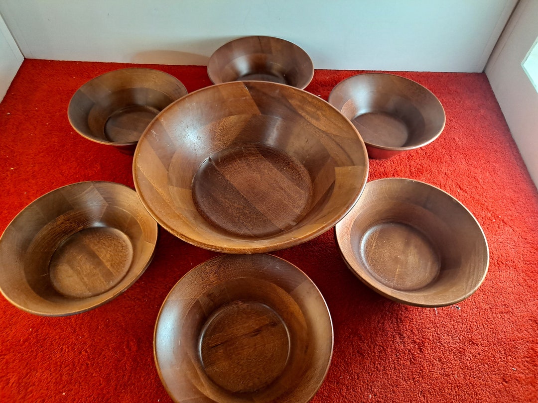 Vintage Large Wooden Salad Bowl With Six Individual Wood Serving Bowls