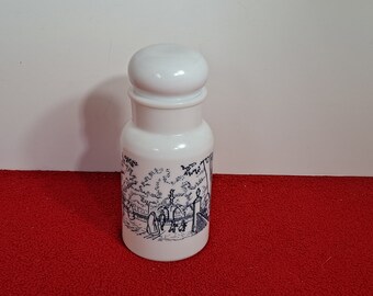 Vintage large milk glass jar with stopper, lid, Vitamin container, apothecary jar, blue and white milk glass jar