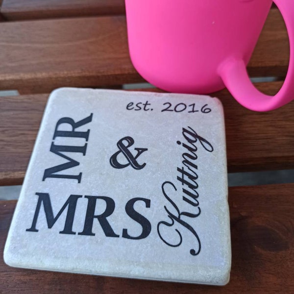 Natursteinfliese Untersetzer / Spruchfliese / Vintage Fliese : Mr & Mrs