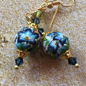 Japanese Tensha Dangle Earrings: Blue Floral Bead (2&quot; Drop)