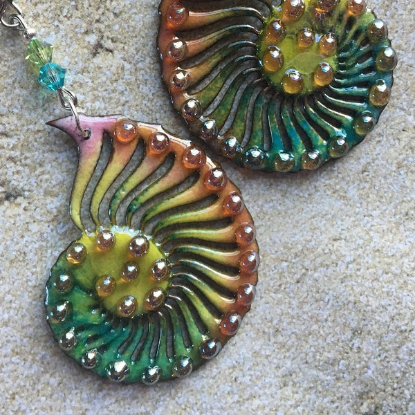 Sea Shell Earrings Nautilus Earrings Ocean Earrings Enameled Copper Earrings Beach Earrings Boho Earrings Bohemian Earrings Gift Ideas