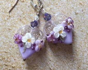 SRA Heart Lampwork Earrings, Lavender & White Polka Dot Earrings with Flowers, Lampwork Jewelry, SRA Lampwork Jewelry, SRA Lampwork Earrings