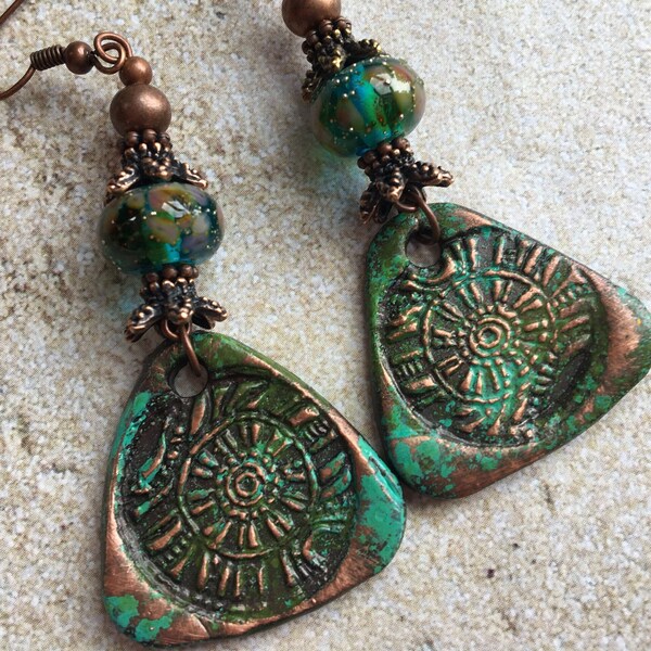 Artisan Copper Clay and Lampwork Earrings Bohemian Earrings Boho Earrings Gift Ideas Gift For Her Gifts for Women