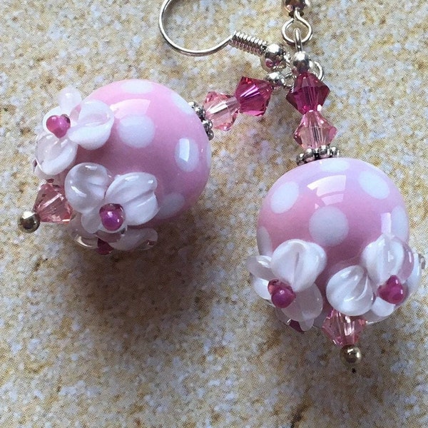 White and Pink Flower/Floral Lampwork Earrings, SRA Lampwork Jewelry, Lampwork Jewelry, SRA  Lampwork Earrings, Earrings
