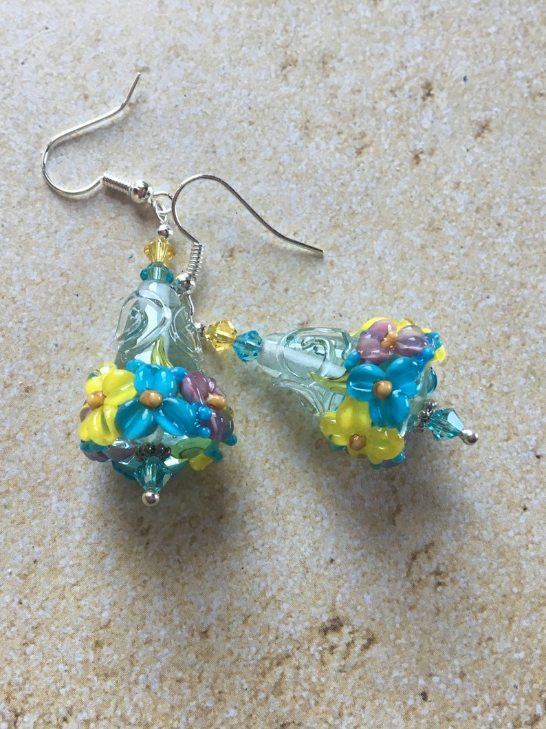 Blue and Yellow FlowerFloral Lampwork Earrings SRA Lampwork Earrings Lampwork Jewelry Earrings SRA Lampwork Jewelry