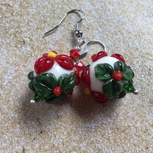 Lampwork Christmas Earrings: Swarovski Crystal Holiday Jewelry-Drop 1.75&quot;