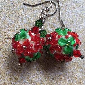 Lampwork Christmas Earrings: Swarovski Crystal Holiday Jewelry-Drop 1.75&quot;
