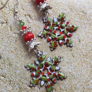 Snowflake Lampwork Earrings: Enameled Holiday Jewelry with Swarovski Crystals-Drop 3&quot;