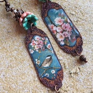Enameled Copper Bird Earrings: Artisan Crafted, 3.5&quot; Drop