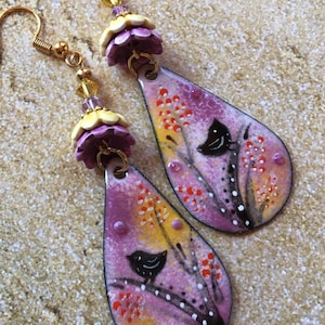 Artisan Enameled Copper Bird Earrings: Lampwork Boho Statement Jewelry-Drop 3&quot;