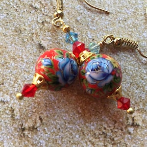 Japanese Tensha Dangle Earrings: Floral Bead Drop Earrings (2&quot;)