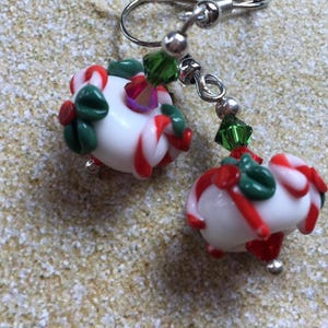 Lampwork Christmas Earrings: Swarovski Crystal Holiday Jewelry-Drop 1.5&quot;