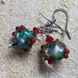 Lampwork Christmas Earrings: Swarovski Crystal Holiday Jewelry-Drop 1.5&quot;