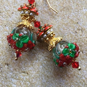 Lampwork Christmas Earrings: Swarovski Crystal Holiday Jewelry-Drop 2&quot;