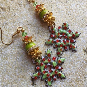 Snowflake Lampwork Earrings: Enameled Holiday Jewelry with Swarovski -Drop 3&quot;