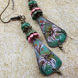 Enameled Copper Floral Earrings: Artisan Lampwork Beads, Boho Statement Jewelry-Drop 3&quot;