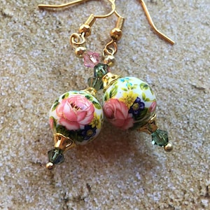 Japanese Tensha Floral Dangle Earrings (2&quot; Drop)