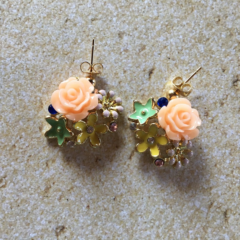 Blue Earrings Jewelry Pink Flower Earrings with Rhinestones Flower Earrings Earrings For Her Gift Ideas