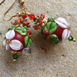Lampwork Christmas Earrings: Swarovski Crystal Holiday Jewelry-Drop 2&quot;