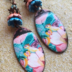 Enameled Copper Floral Earrings: Lampwork Beads, Swarovski Crystals-Drop 3&quot;