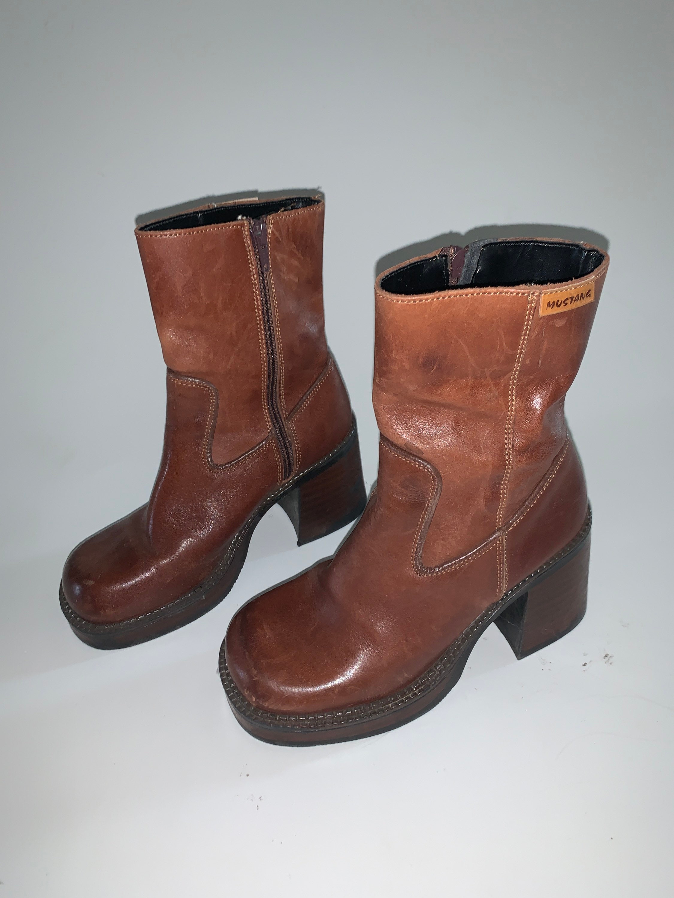 Vintage 90's Mustang lederen chunky hiel platform laarzen - Etsy België