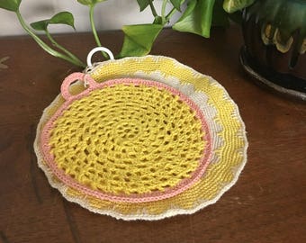 Handmade Crocheted Round Pot Holders Yellow, White, and Pink Retro