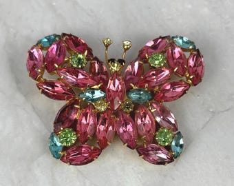Butterfly Brooch with Pink, Green, and Blue Rhinestones Mid Century Costume Jewelry