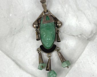 Carved Green Stone Aztec Warrior Face Pendant Taxco Mexico
