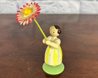 Wooden Erzgebirge Flower Girl Vintage Carved Wooden Figurine