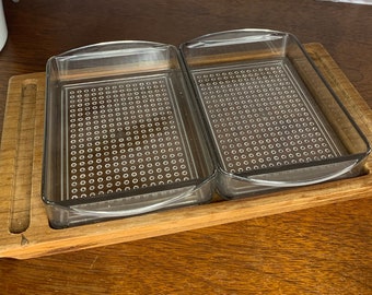 Danish Teak Appetizer Tray with Two Gray Pebbled Plastic Inserts Mid Century Entertaining