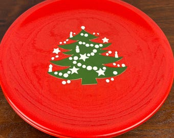 Set of Four Waechtersbach Red Christmas Tree with Star Dinner Plates West German