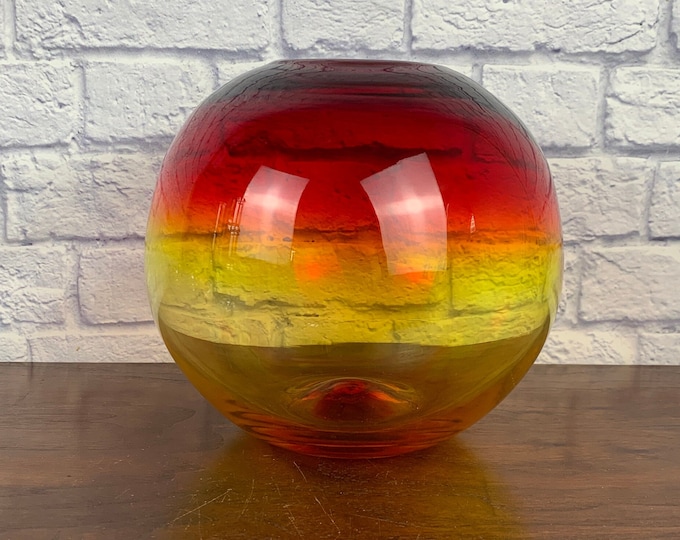Featured listing image: Blenko Amberina Globe Vase  7115L Mid Century Modern Glass Ball Red and Yellow