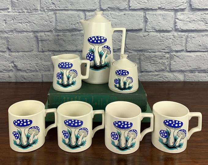 Featured listing image: Complete Ceramic Coffee Pot Set White and Blue Mushroom Print with Four Mugs, Creamer, Sugar, and Pot