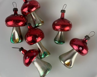 Set of Six Blown Glass Mushroom Ornaments Red and White Toadstools in Shiny Mercury Glass