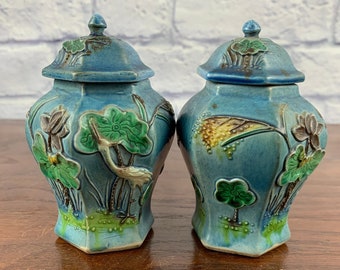 Pair of Chinese Ginger Jars with Raised Crane Relief Fahua Style Glaze Early 1900s Teal and Green