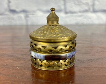 Vintage Ornate Brass Mini Canister with Inlaid Gemstone Band