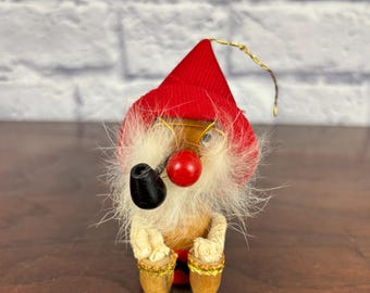 Vintage Carved Wooden Tomte with Pipe Wearing Glasses Figurine