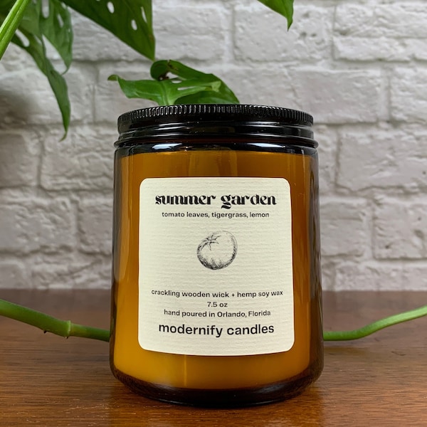 Summer Garden | Tomato Leaves, Basil, & Lemon Scented Wooden Wick Crackling Vegan Candle | Hemp Soy Wax | Amber Glass Jar