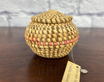Vintage Mini Coushatta Indian Pine Needle Basket with Original Tag