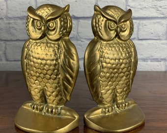 Solid Brass Owl Bookends Set of Two Mid Century Boho Style Made in Taiwan