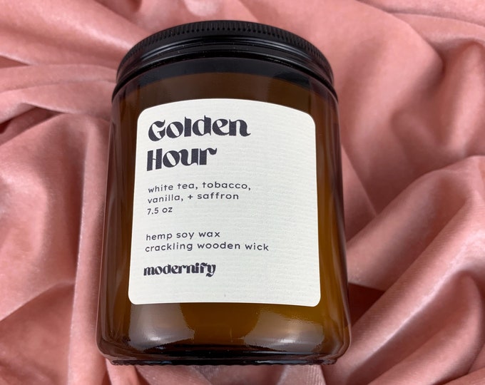 Featured listing image: Golden Hour | White Tea, Tobacco, Vanilla, & Saffron Candle | 7.5 oz | Wooden Wick Coconut Soy Wax | Cruelty Free + Non Toxic