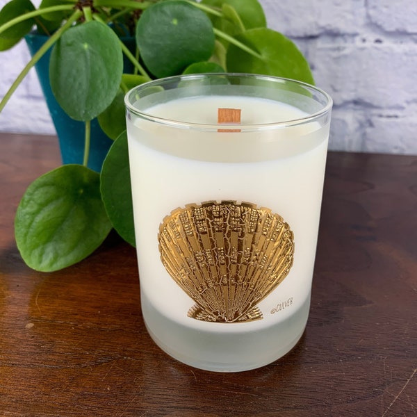 Beach Cabana | Cilantro, Coconut, Pineapple, & Cardamom Scented Wooden Wick Candle in Vintage Floral Culver Shell Glass | 11 Oz | Hemp Soy