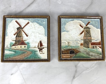 Royal Delft Windmill Decorative Porcelain Tiles Cloisonné Mid Century