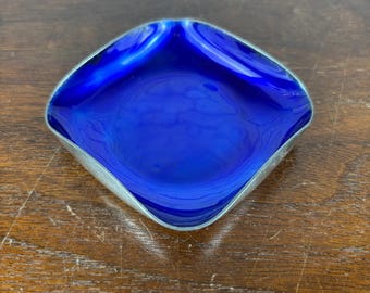 Cobalt Blue Trinket Dish with Curved Edges by Meka Denmark Enamel and Silver