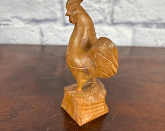Carved Wooden Rooster Vintage Folk Art Statue Signed E M