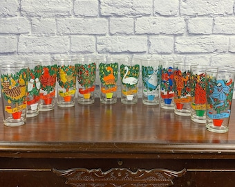 Vintage 12 Days of Christmas Highball Glasses with Song Verses Mid Century Holiday Barware
