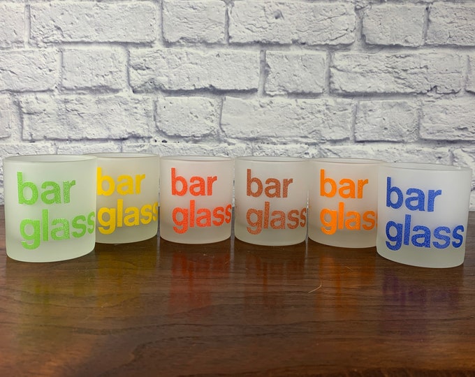 Featured listing image: Set of Six Morgan Frosted Bar Glass Lowballs Multi Colored 1970s Typography *See Condition Notes*