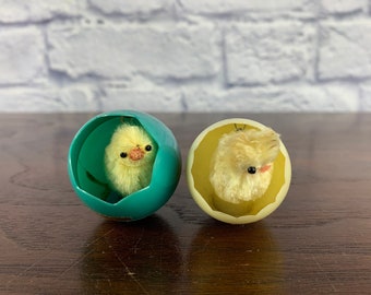 Vintage Plastic Easter Egg Diorama with Fuzzy Yellow Chick Inside Pair Blue and Yellow