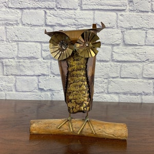 Brutalist Metal Owl Statue on Wooden Perch Mid Century Home Decor