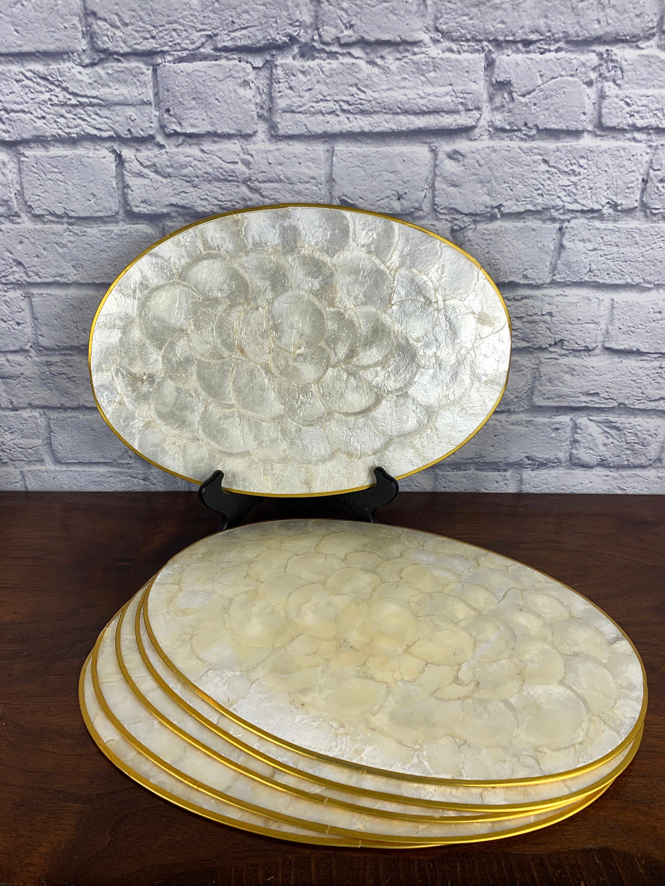 White Capiz Shell Oval Placemats Set of Six Mid Century Boho Home Decor